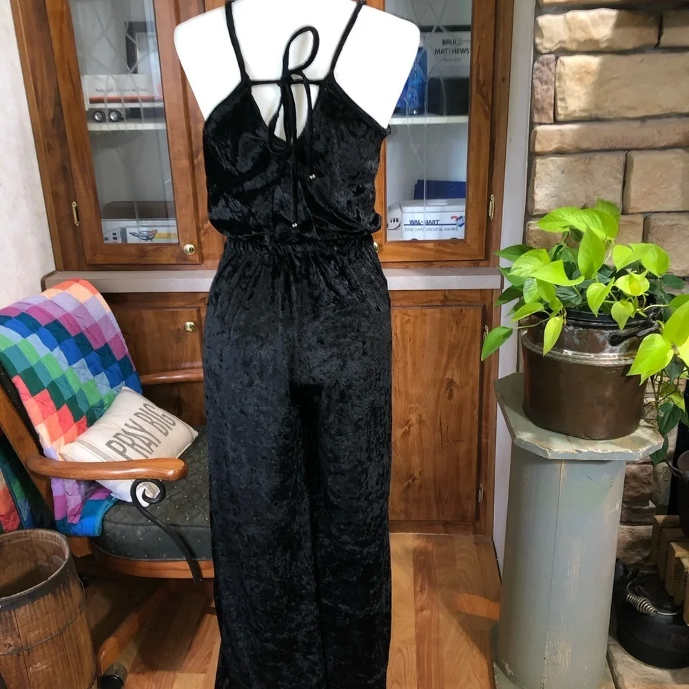 ANGIE SIZE SMALL BLACK VELVET FULLY LINED ELASTIC WAIST OPEN BACK STRAP JUMPSUIT